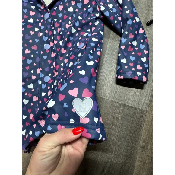 Girls Hatley Raincoat Size 7 Navy Pink Heart Print - Picture 2 of 5